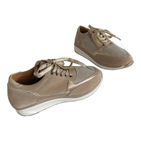 New Metallic Gold Tan White Zip Up Lace Up Bandage Trainers Women’s Size 6 - Picture 6 of 9